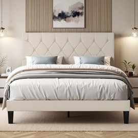 VECELO Queen Size Bed Frame with Button Tufted Headboard, Upholstered Platform Bedframe with Wood Slat Support, No Box Spring Needed, Classic Beige