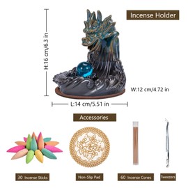 Sevitini Dragon Incense Fountain, Backflow Waterfall, Dragon Backflow Incense Burner, with 60 Incense Cones Waterfall + 30 Incense Sticks + 1 Glass Bead, Incense Fountain, for Home Decor (Blue)