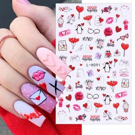 6 Sheets Valentine's Day Nail Stickers Romantic Valentines Nail Art Stickers 3D Self-Adhesive Red Lips Rose Nail Decoration Red Love Heart Nail Decals for Women Girls DIY Holiday Nail Supplies
