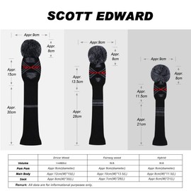 Scott Edward Knitted Golf Club Head Covers for Woods 3Pcs Set Golf Driver (460CC) Fairways and Hybrid/UT with Rotating Number Tags(Black Red Grey)