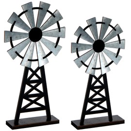 Set of 2 Wooden Farmhouse Windmill Table Top Decor Wood Small Distressed Black Grey Rustic Windmill Themed Table Decor for Kitchen Garden Home