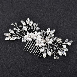 Crystal Bridal Wedding Hair Comb Pearl Flower Side Combs with Rhinestone, Wedding Bridal Hair Pieces for Women Hair Accessories for Brides and Bridesmaid (Silver)