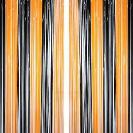 TOPWAYS 2PCS Halloween Tinsel Curtains, Orange Black Foil Fringe Curtains, 1m X 2.5m Metallic Foil Curtain, Halloween Party Streamers Door Hanging Decorations for Halloween Wall Party Supplies