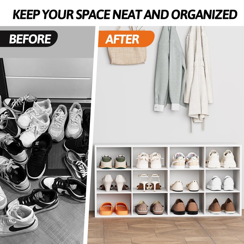 12-Cubby Shoe Rack, 3-Tier Wood Shoe Organizer, Multifunctional Shoe Organizer