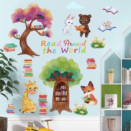 Nursery Wall Decals Decor Reading Animals Tree Wall Stickers Kids Baby Wall Decal Colorful Inspirational Wall Sticker Educational Art Mural Decal for Boys Girls Children Bedroom School Classroom Decor