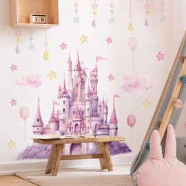 2 Sheets Princess Wall Decals for Girls Bedroom Purple Pink Wall Stickers & Murals Peel and Stick Vinyl Castle Wall Decor Large Removable Girls Room Art with Stars & Clouds