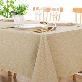 DWCN Rectangle Faux Linen Tablecloth - Textured Waterproof Spill-Proof Wrinkle and Stain Resistant Table Cloth Decorative Fabric Farmhouse Table Cover for Kitchen Dining Party, 52 x 70 Inch, Beige