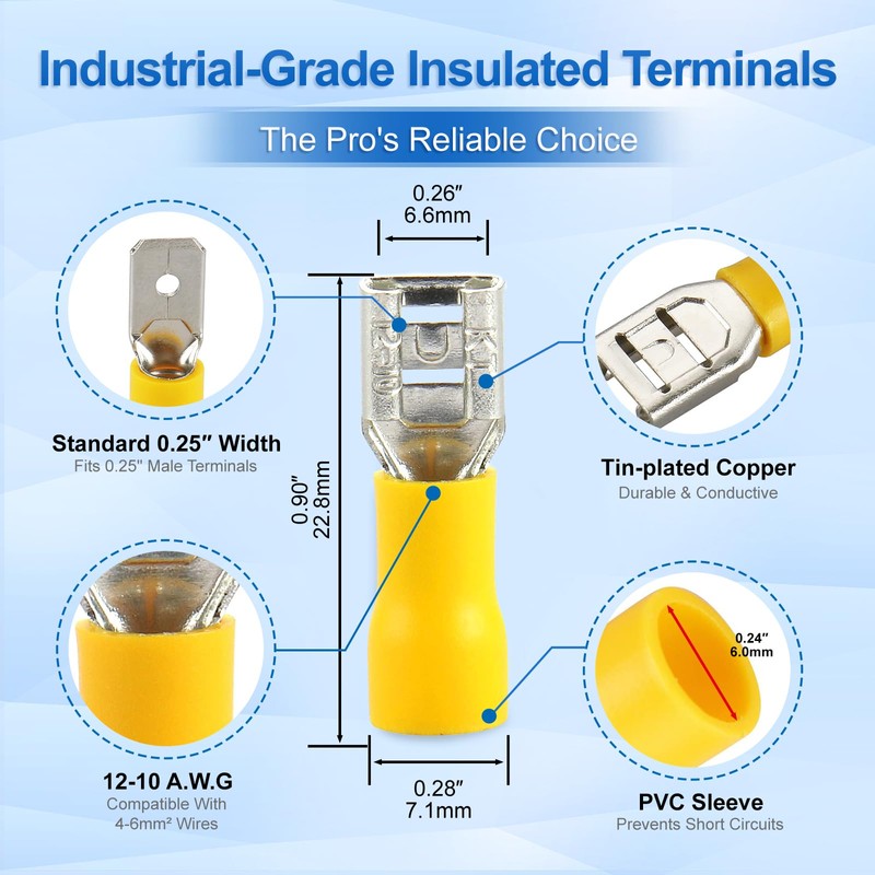 Baomain 1/4" Female Quick Disconnect Spade Terminals,Insulated Crimp Connectors 12-10