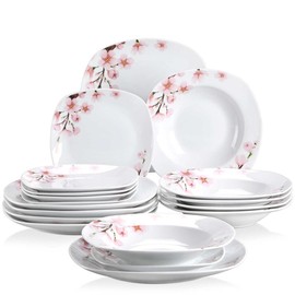 VEWEET Series Annie, Porcelain Dinnerware Sets for 4/6, White Dish Set with Pink Floral, 18/20/24/30 PCS Dinner Sets Including Dinner Plates, Dessert Plates, Soup Plates Set, Cups & Saucers - Number Of Piece: 18 Piece
