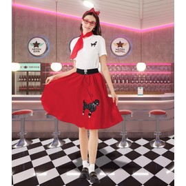 VillbeCoser Sock Hop Outfits Women, 1950s Poodle Skirts, Polo Shirt with 50s Accessories Socks Scarf Headband Belt 10Pcs (Red-M)