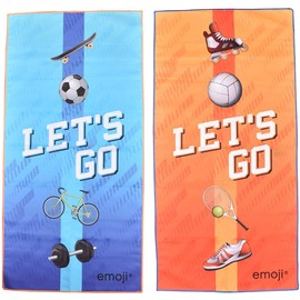 2 x Emoji Beach & Sports Lightweight Fast Dry Microfibre Towel for Gym, Pool, Travel & Yoga (Blue-Orange) 45 x 90cm