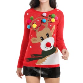 v28 Varied Ugly Christmas Sweater for Women Merry Reindeer Shirt Knit Sweaters (Medium, Colorful Deer Red)