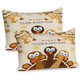 Ambesonne Turkey Pillow Sham Set of 2, Happy Thanksgiving Falling Leaves and Poultry Birds Harvest Time Celebration, Quality Microfiber Bedding Item for All Seasons, 30" x 20", Brown Cream