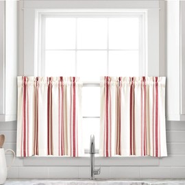 Lush Decor Farmhouse Stripe Yarn Dyed Recycled Cotton Window Curtain Kitchen Tiers, Pair, 36" W x 24" L, Red - Classic Modern Rustic Charm - Eco Friendly Cotton Fabric