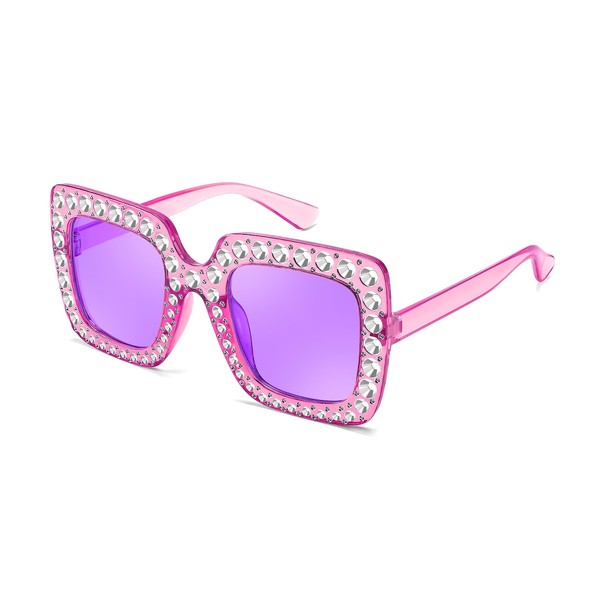 FEISEDY Kids Sunglasses for Girls Oversized Square Sparkling Party Sun
