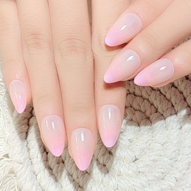 Gradient Pink Almond Press on Nails Short Fake Nails with Pink French Tip Designs Cute Simple Ombre Acrylic Nails Press ons Fall Winter Glossy Glue on Nails for Women Girls 24 Pcs