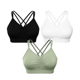 VEQKING Women's Cross Back Sports Bras Ruched Sports Bra Medium Support Removable Padded Yoga Bra for Workout Running 3 Pack