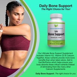 Coast to Coast Nutrition Daily Bone Support: Calcium Supplement with Vitamin D3, K2 - Supplement for Bones – Ideal for Older Adults, Postmenopausal Women, Athletes - 60 Vegetarian Capsules