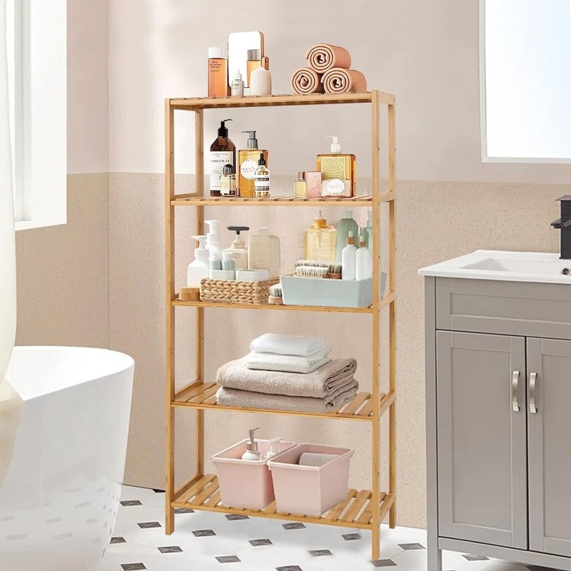 kinbor 5-Tier Bamboo Free Standing Storage Rack Shelf Multifunctiona