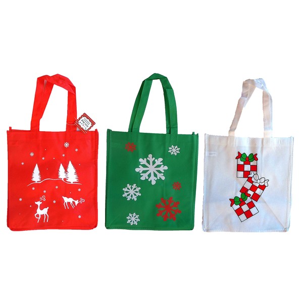 Black Duck Brand Set of 3 Non-Woven Reusable Fabric Holiday Gift Bags 12"x13"x8.25", Three Holiday Prints (3 Bags)