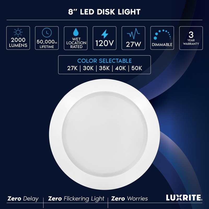 LUXRITE 8 Inch LED Disk Lights, 27W, 5CCT Selectable 2700K-