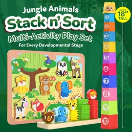 CoolToys Stack n' Sort Baby Toddler Learning Toys, 3 Developmental Educational Game Set, Nesting & Stacking Cups, Shape & Color Sorting Stackable Wooden Pieces, Montessori Wooden Puzzle, Jungle Theme