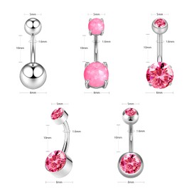 BLZ 14G Stainless Steel Belly Button Rings Cute Navel Rings for Women 5pcs Belly Piercing CZ Inlaid pink