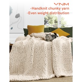 YnM Cotton Weighted Blanket, Handmade Chunky Knitted Design, Soft and Cozy, Temperature Regulating and Breathable, Machine Washable Throw for Sleep or Home Decor (Cream White, 43x50 Inch, 10lbs)