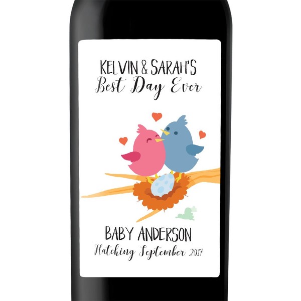 "Baby Hatching" Custom Wine Label Bottle Stickers for Pregnancy Announcement and Baby Shower Party - Gifts for Guests, Event Invitation - Unique Specialized Personalized Bespoke Set of 4