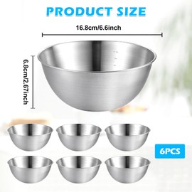 BORDEAG Stainless Steel Bowl, Pack of 6 Stainless Steel Bowls, Multifunctional Metal Bowl, Mixing Bowl Stainless Steel for Preparation and Storage of Food, Silver (16.8 cm, 0.7 L)