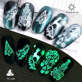 LANODO 9 Pcs Christmas Nail Stickers 3D Paste Snow Flowers Reindeer Pattern Nail Art DIY Accessory Female Long Model Beautiful Nail Sticker (Color: Night Light/Luminous)