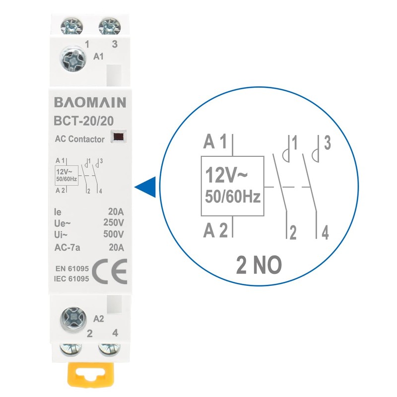 Baomain 12V AC 2-Pole Modular Contactor, 20A 2NO Normally Open,