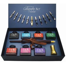 IDEAPOOL Calligraphy Set, Pen Nib Set 22 Pieces - Includes 7 Bottles of Inks, 12 Nibs, Wooden Pen Nib, a Golden Pen Holder and Introduction for Beginners