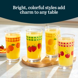 Libbey Vintage Juice Drinking Glasses Set of 4, Colorful, Retro Fruit Design Glass Cups Set, Dishwasher Safe Water Glasses Set for Everyday Beverages