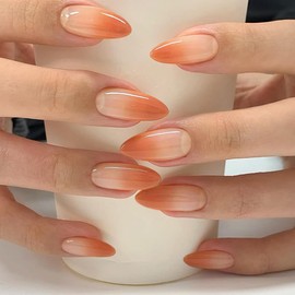 TENPAL 24 Pcs Reusable Press on Nails Medium Almond,Orange Gradient Glossy Finish Fake Nails with Tools, Removable False Nails with Full Manicure Kit, Classic Simple Design Stick on Nails for Women