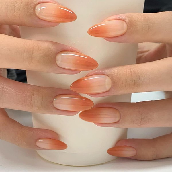 TENPAL 24 Pcs Reusable Press on Nails Medium Almond,Orange Gradient