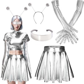 Echehi Echehi Alien Kostüm Damen Set 4Pcs, Space Girl Kostüm Damen, Alien Glitzerrock, Alien Haarreif, Futuristisches Brille, Alien Handschuhe, Weltall Kostüm Für Fasching Karneval Party(L)