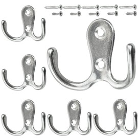 Coat Hooks, Silver, Pack of 6 Vintage Coat Hooks with Screws, Metal Double Hooks, Wall Hooks, Coat Hooks Wall for Bathroom, Kitchen (Silver, Pack of 6)