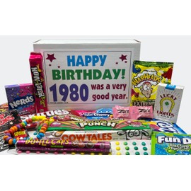 RETRO CANDY YUM ~ 1980 46th Birthday Ideas ~ Retro Decade 80s Candy Gag Gift Basket Box Assortment From Childhood ~ Milestone Birthday Gifts for Turning 46 Years Old Man or Woman Jr.