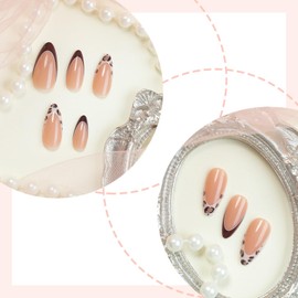 Vopintpy Brown Leopard Print French Tip Press on Nails Long Almond Fake Nails with Glue on Nails Glossy Acrylic Stick on Nails for Women