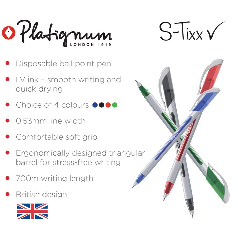 Platignum S-Tixx Black Ballpoint Pen [Pack of 12] Soft Grip