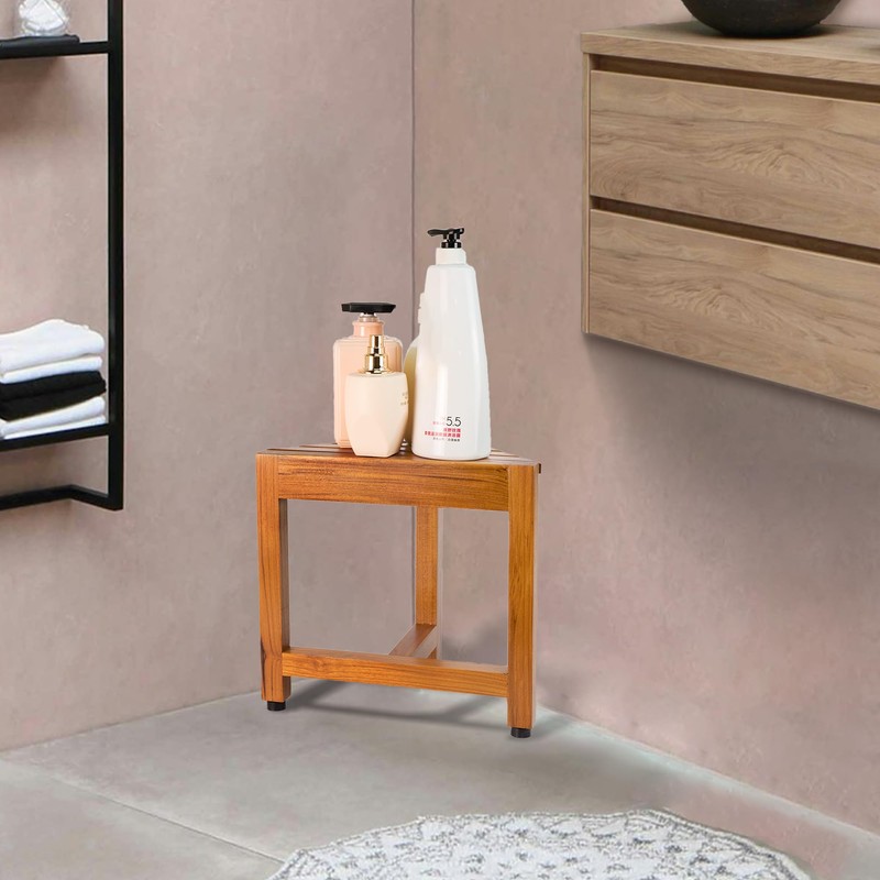 VaeFae Teak Shower Corner Bench, Wooden Foot Rest, Shower Bench