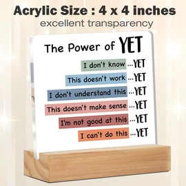 Mental Health Desk Decor, Motivational Growth Mindset Desk Signs the Power of Yet Acrylic Plaque Sign Therapy Office Classroom Decoration 4 x 4 Inches