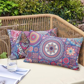 Velvhom Outdoor Cushion Cover Set of 4 Bohemia Mandala Flower Pattern Throw Pillow Cover Waterproof Hippie Rectangle Pillow Case 12 X 20 Inches for Patio Garden Bench Couch Car,30cm x 50cm