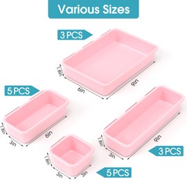 16 PCS Drawer Organizer Set, 4 Size Makeup Drawer Divider Organizer With Non-Slip Pads, Interlocking Plastic Storage Bins for Office,Jewelry Vanity,Gadgets, Bathroom,Kitchen, Pink