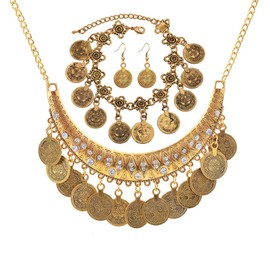 Bohemian Coin Chandelier Bib Necklace Earrings Set Gold Silver Plated Vintage Statement Gypsy Big Disc Coins Tassel Chic Rhinestone Jewelry Set for Women Boho Ethnic Style Festival Party Jewelry Gifts (3pcs gold)
