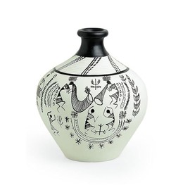 Earthing Hands 6 Inch Warli Handpainted Living Room & Home Decorative Matki Shaped Flower Terracotta Vase