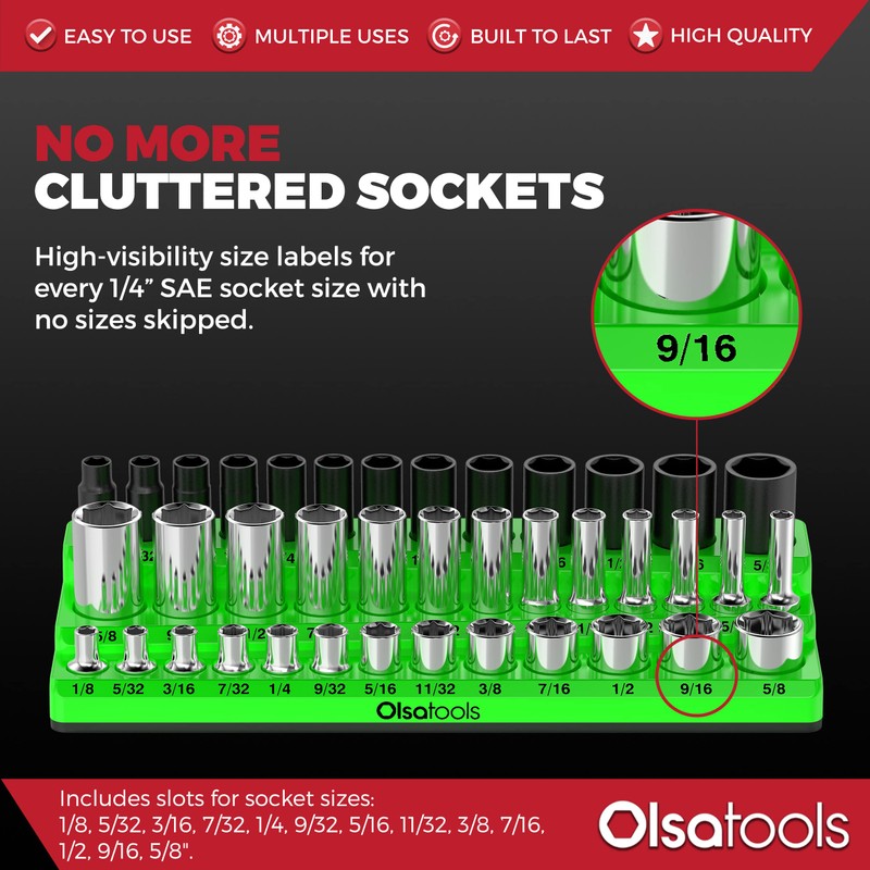 Olsa Tools Magnetic Socket Organizer - 1/4-Inch Drive, 3 Row