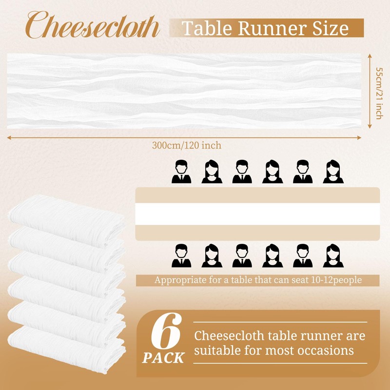 6 Pack Cheesecloth Table Runner, 10Ft Boho Gauze Table Runner