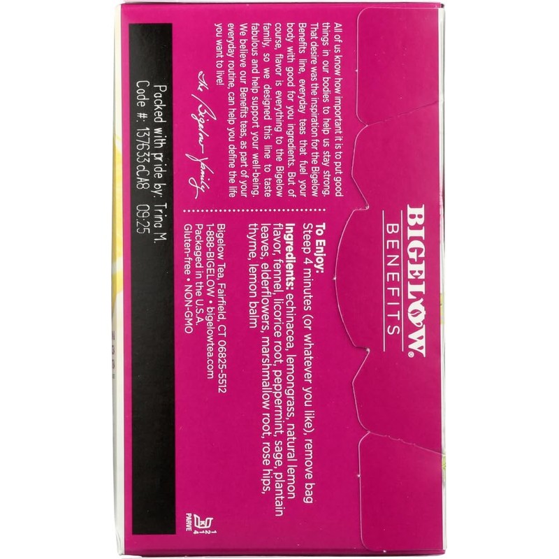 Bigelow Benefits ,Lemon ,Echinacea herbal tea, 18 tea bags, Pack